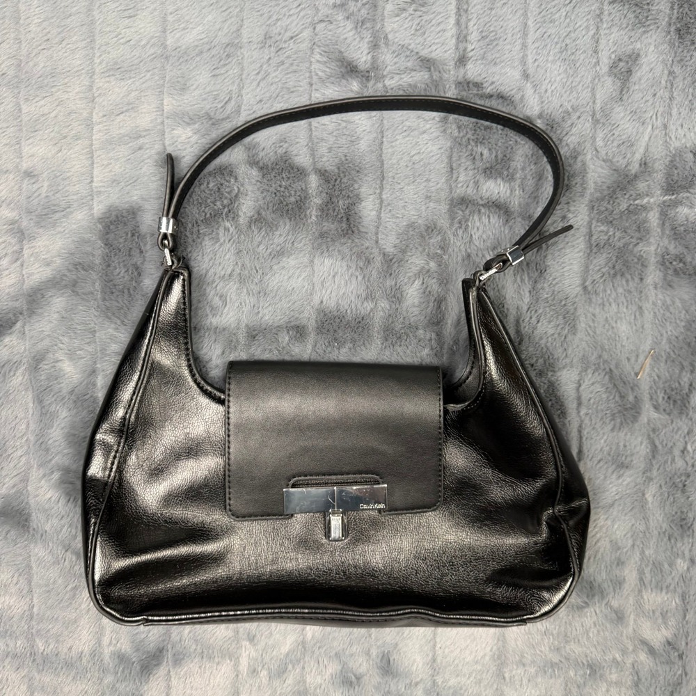 Calvin Klein Black Faux Leather Shoulder Bag Y2K Hobo Purse Silver Turn Lock